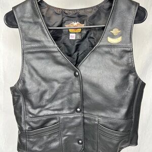 Vintage Harley Davidson Black Leather Vest Pins Biker Women’s Size M USA 1996
